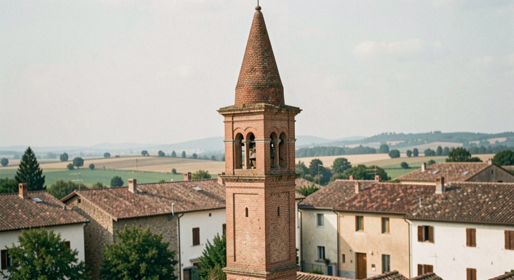 Immagine illustrativa: campanile isolato in mattoni con cella a bifore e cuspide conica, tetti bassi di un paese di pianura tutt’intorno