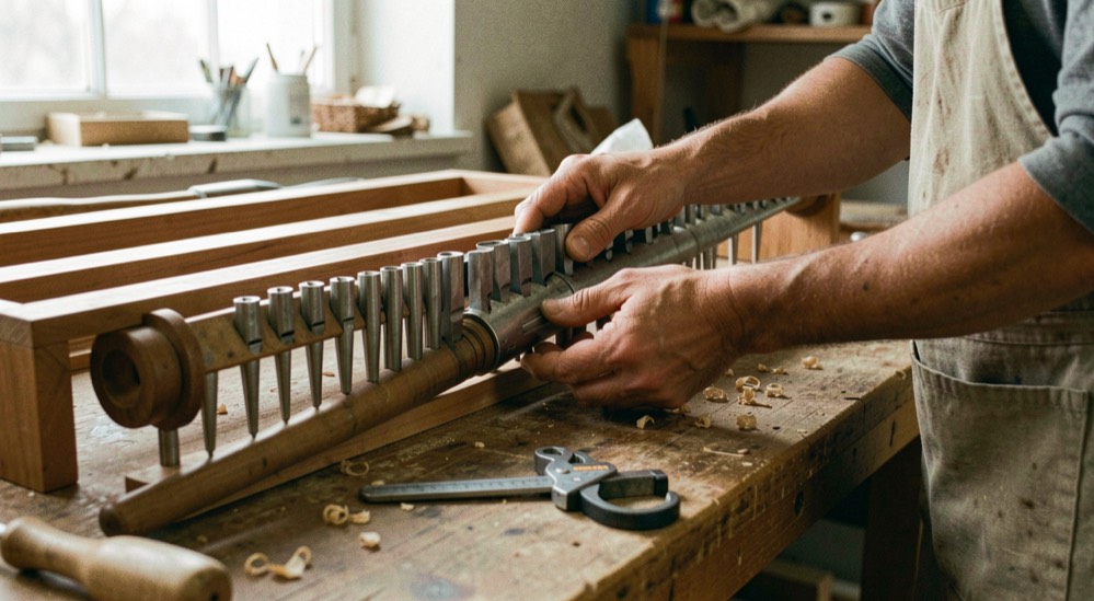 Immagine illustrativa: mani di un artigiano che intonano una canna d’organo su un banco da lavoro, calibro e martelletto di legno posati accanto