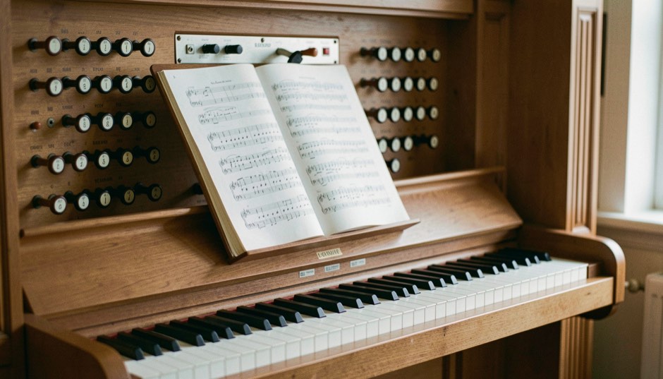 Immagine illustrativa: leggio d’organo con uno spartito aperto, la tastiera in primo piano e i pomelli dei registri sfocati sullo sfondo