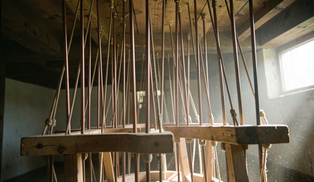 Immagine illustrativa: interno di un organo, file di tiranti di legno e tubicini di piombo che salgono verso i somieri, penombra e polvere sospesa